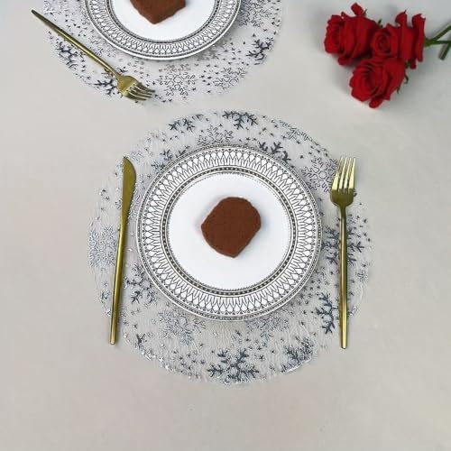 Silver Winter Snowflake Placemats 25-Pack, Disposable Mesh Round Mats