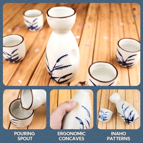 PUNNIO Ceramic Sake Set 5pcs - Japanese Wine & Drinkware with Carafe & Cups