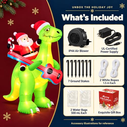 Moerge 5.7ft Santa Riding Dinosaur Inflatable with 8 LED Lights - Outdoor Christmas Decor