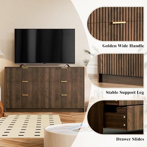 Modern 6-Drawer Walnut Dresser with Gold Handles, Wide Storage Chest