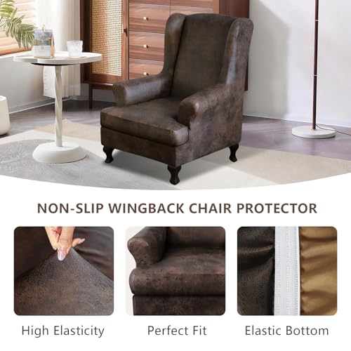 2-Piece Stretch Wingback Chair Covers - Soft Leather Look, Brown