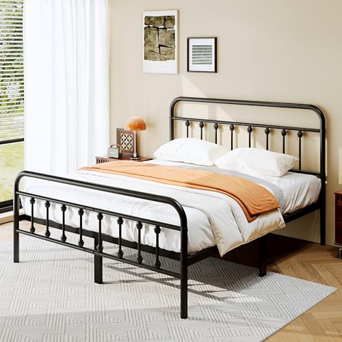 Queen Size Metal Platform Bed Frame with Headboard and Footboard, Black