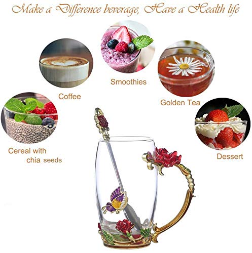 FDINF High Red Rose Glass Tea Mug with Butterfly & Spoon - Gift for Tea Lovers