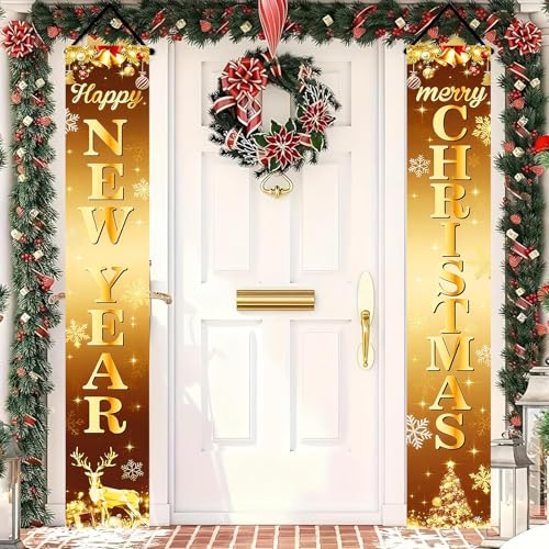 Merry Christmas & Happy New Year Porch Banner Set 12x71 Inch Gold Snowflakes Reindeer Holiday Home Decor