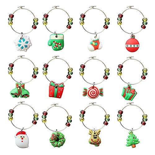 CNYMANY 12 pcs Christmas Wine Glass Charms with Buckle Design – PVC Variants Gift Set