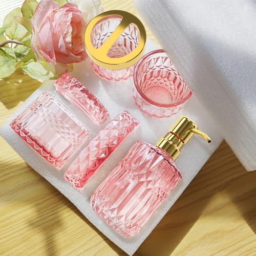 5-Piece Pink Glass Bathroom Accessory Set - Elegant Countertop Organizer