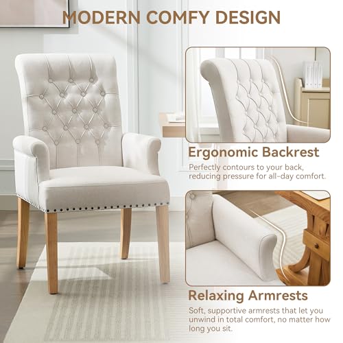 Upholstered Dining Chair with Arms, Tufted High Back Accent Armchair