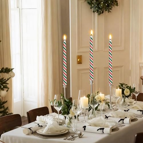Christmas Printed Taper Candles 10 Inch, Unscented 2 Pack – Red & Green Stripes with Trees & Santas (Variation: Christmas-Red and Green Stripes / 10 INCH)