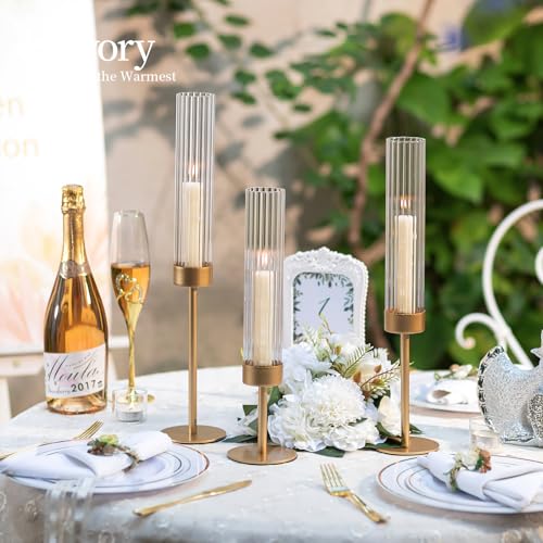 Hewory Gold Hurricane Candle Holders 12PCS Matte Brass Taper Candlestick Set