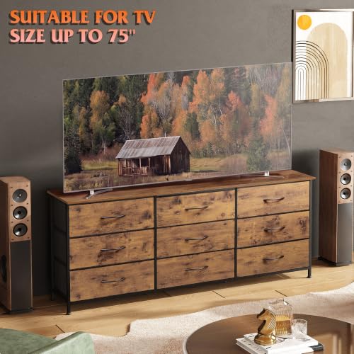 9-Drawer Dresser TV Stand for 75 Inch TVs, Rustic Brown Media Console