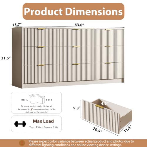 3-Piece Bedroom Dresser & Nightstand Set, 9-Drawer Chest with Gold Handles