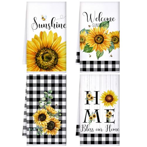 4-Piece Sunflower Kitchen Towel Set, Absorbent Floral Dish Tea Towels