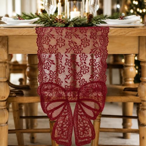 Windkream Burgundy Lace Table Runner with Bow Ends 12x71 Inch for Holiday & Wedding Decor