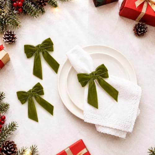 APTWOW Grass Green Velvet Bow Napkin Rings Set of 6 for Christmas Table