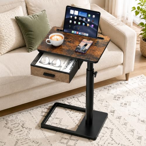 C-Shaped Height Adjustable Side Table with Drawer and Swivel Top