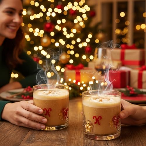 Bokon 2 Pack Christmas Icon Glass Cups, 14 oz Hand Blown Gingerbread & Candy Cane