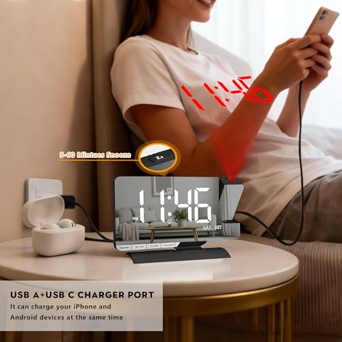 Digital Projection Alarm Clock with 7.3-Inch Mirror Display