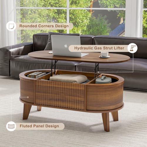 Fluted Lift Top Coffee Table with Hidden Storage, Walnut Wood Oval Table