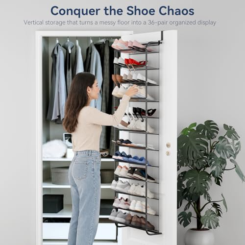 12-Tier Over the Door Shoe Organizer for 36 Pairs, Metal & Mesh Shoe Rack