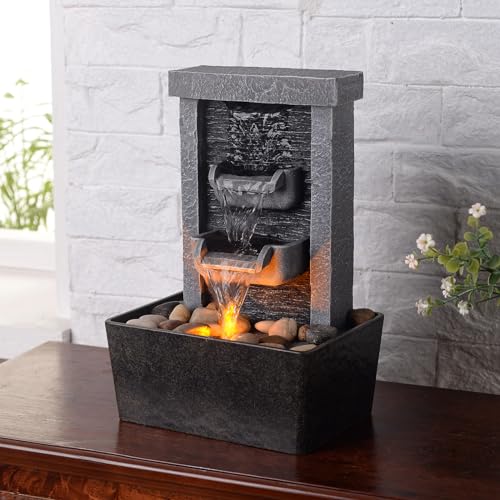 Tabletop Indoor Waterfall Fountain with LED Lights & Natural River Rocks