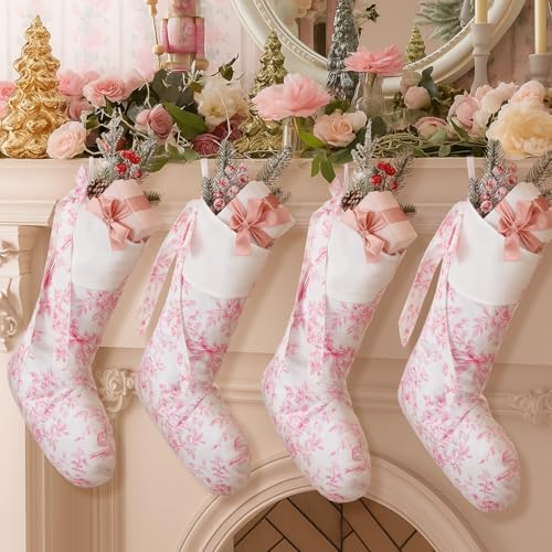 Pink Christmas Stockings Set 4 Pcs 18in Coquette Floral Hanging Decorative Stockings