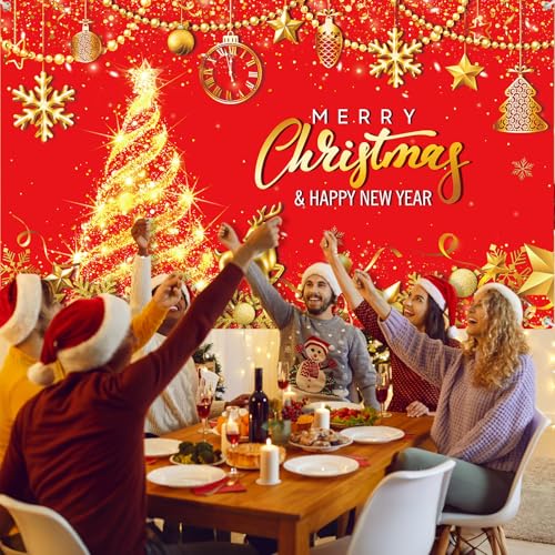 Tiamon Merry Christmas Backdrop 72.8 x 43.3 in Red Gold with White Rope