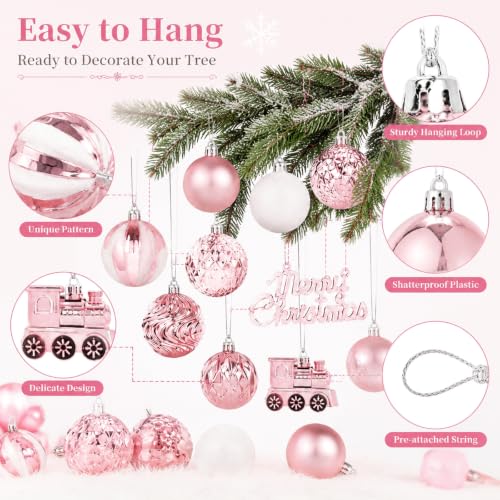 65Pcs Pink Christmas Ornaments Set - Shatterproof Glitter Balls & Lace Bows