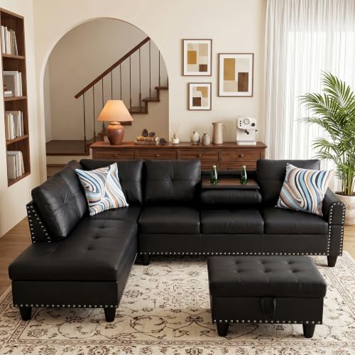 97.5" L-Shaped Modular Sectional Sofa with Storage Ottoman, Black Faux Leather