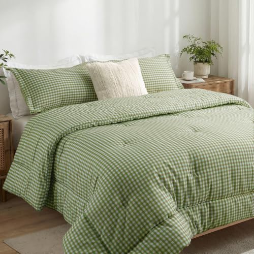 King Comforter Set Green Gingham Plaid - 3-Piece Soft Farmhouse Bedding