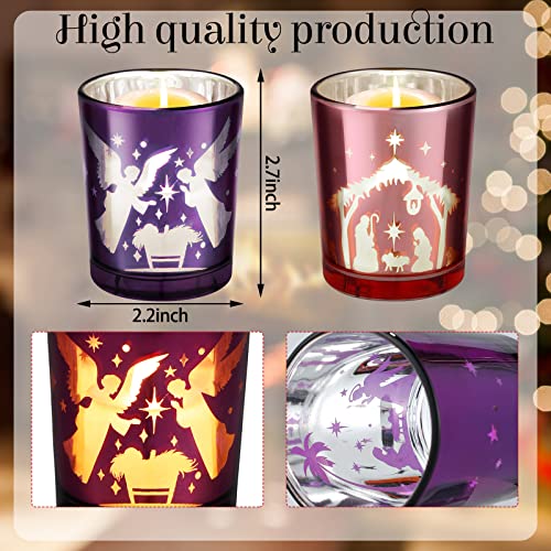 Nativity Scene Glass Advent Tealight Candle Holders - 4 Pack (Purple & Pink)