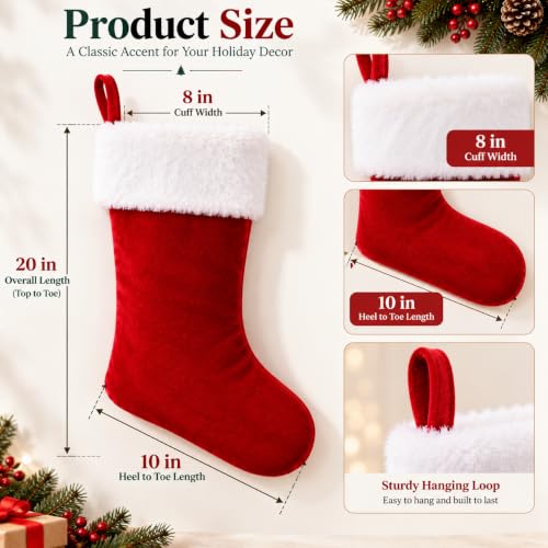 20 Inch Red & White Velvet Christmas Stockings - Handmade Holiday Decor