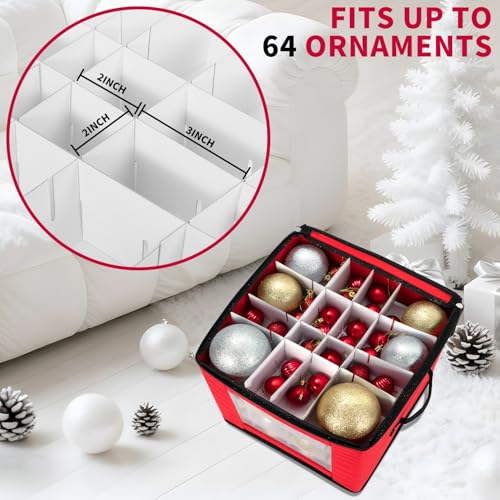 Christmas Ornament Storage Box Holds 64 Holiday Decorations Red with Adjustable Dividers