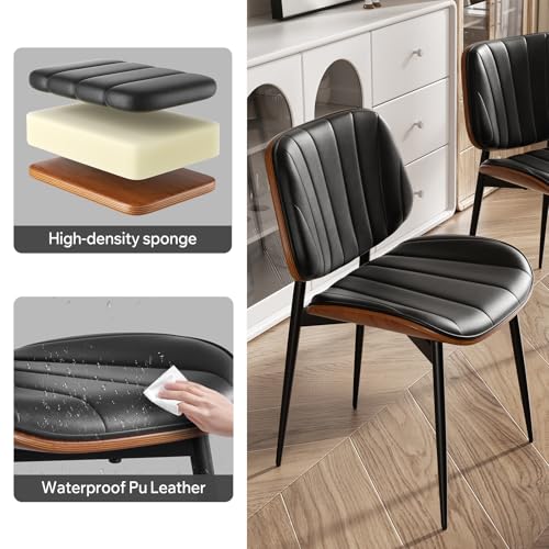 Black Set of 2 Mid Century Modern Dining Chairs - Upholstered Faux Leather & Walnut Bentwood Back, Metal Legs