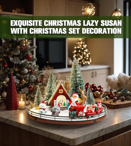 12-Piece Christmas Village Table Centerpiece Set with Rotating Oak Base