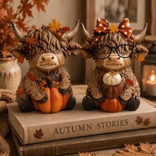 2 Pcs Highland Cow Figurines, Rustic Resin Autumn Tabletop Decor