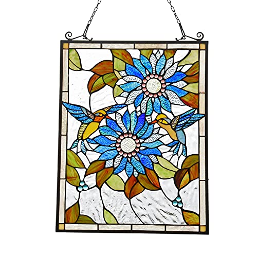 Capulina Handmade Stained Glass Window Panel with Sunflower & Bird Design