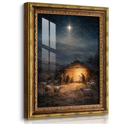 HUARCEY At Birth Brushed 16" L x 13" W Vintage Gold Framed Nativity Canvas Wall Art