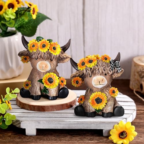 Highland Cow Figurines Set, Sunflower Resin Statue for Farmhouse Decor