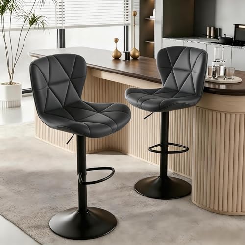LaughLoft Set of 2 Black Adjustable Faux Leather Bar Stools - Swivel & Height-Adjustable Kitchen Island Seating