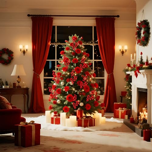 Artificial Velvet Rose & Berry Christmas Decor Set | 60 Pcs Holiday Floral Arrangement
