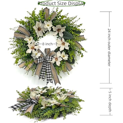 24-Inch Artificial Magnolia Wreath with Buffalo Plaid Bow for Front Door