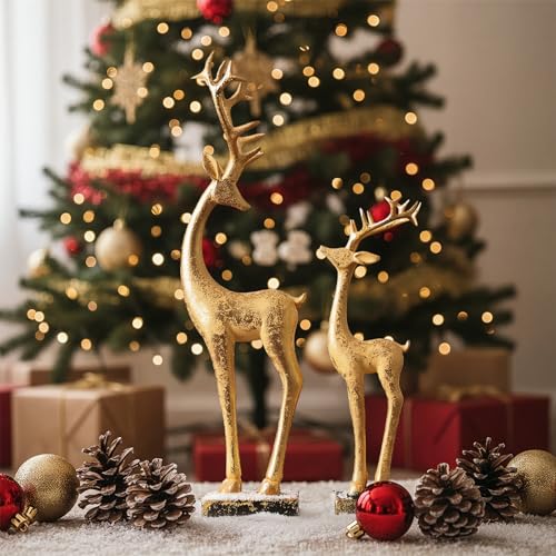 Christmas Gold Reindeer Figurines - Set of 2 Elegant Resin Holiday Centerpieces