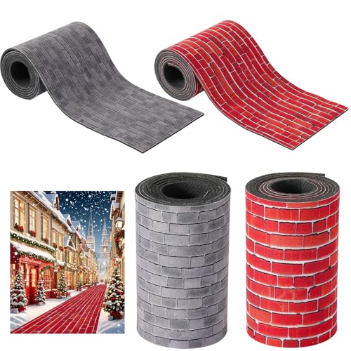 4 Pcs Miniature Christmas Village Street Road Mat, Cuttable Brick Path Roll