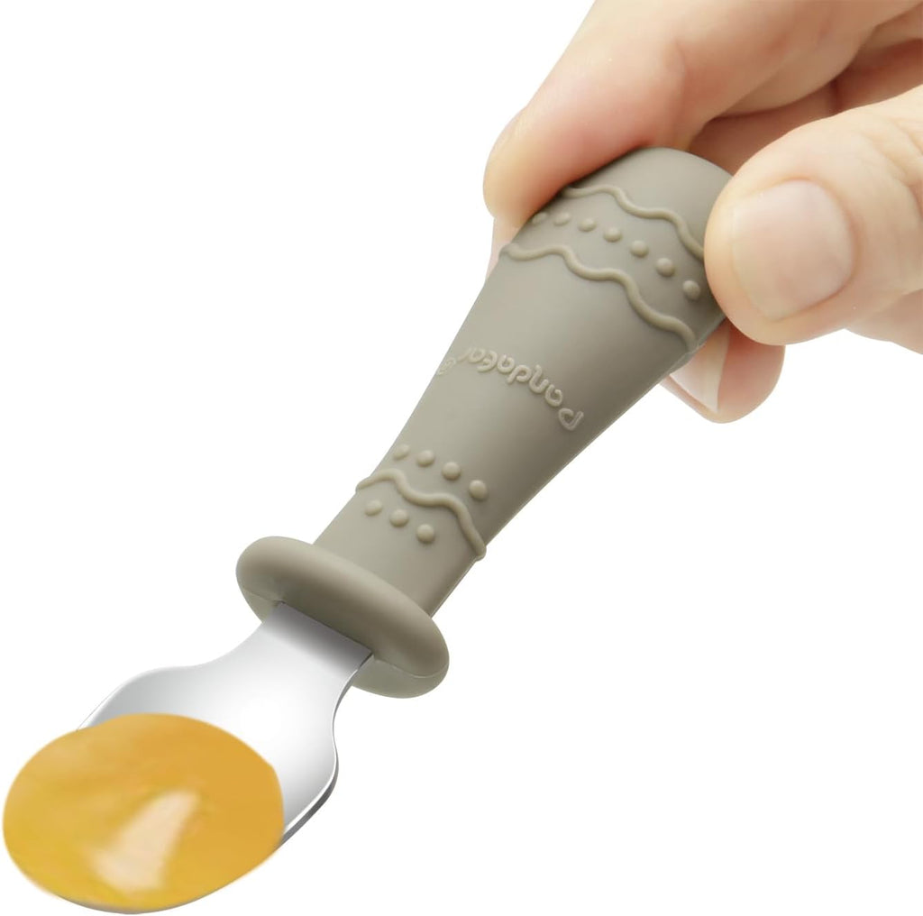 PandaEar Toddler Utensils Set - 6 Pack Stainless Steel & Silicone Spoons and Forks | Dishwasher Safe (Light Tan/Walnut/Blue)