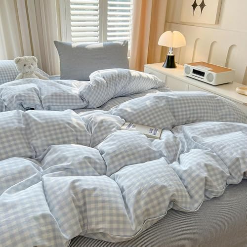 Blue Gingham Duvet Cover Set - Queen Soft Washed Microfiber Bedding