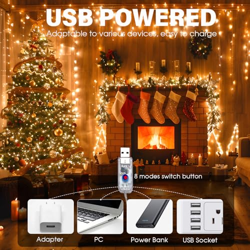 Warm White LED Fairy String Lights - 66ft 200 LED USB Lights with Remote