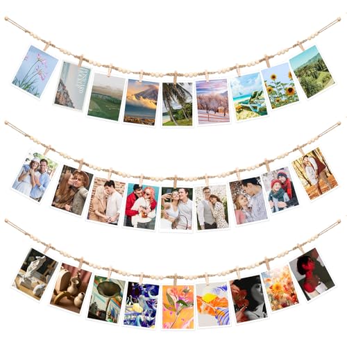 Boho Wooden Bead Hanging Photo Display Garland with 30 Clips and 24 Pegs