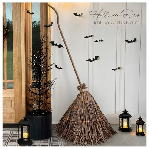 5.5 Ft Light-Up Witches Broom Rustic Halloween Decor with LED Lights