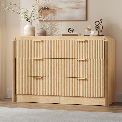 47-Inch Fluted 6-Drawer Dresser, Natural Oak Wood Storage Chest