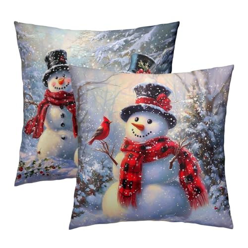 Barneova Snowman Christmas Pillow Covers 16x16 Inch Set of 2 - Winter Snowflake Decor